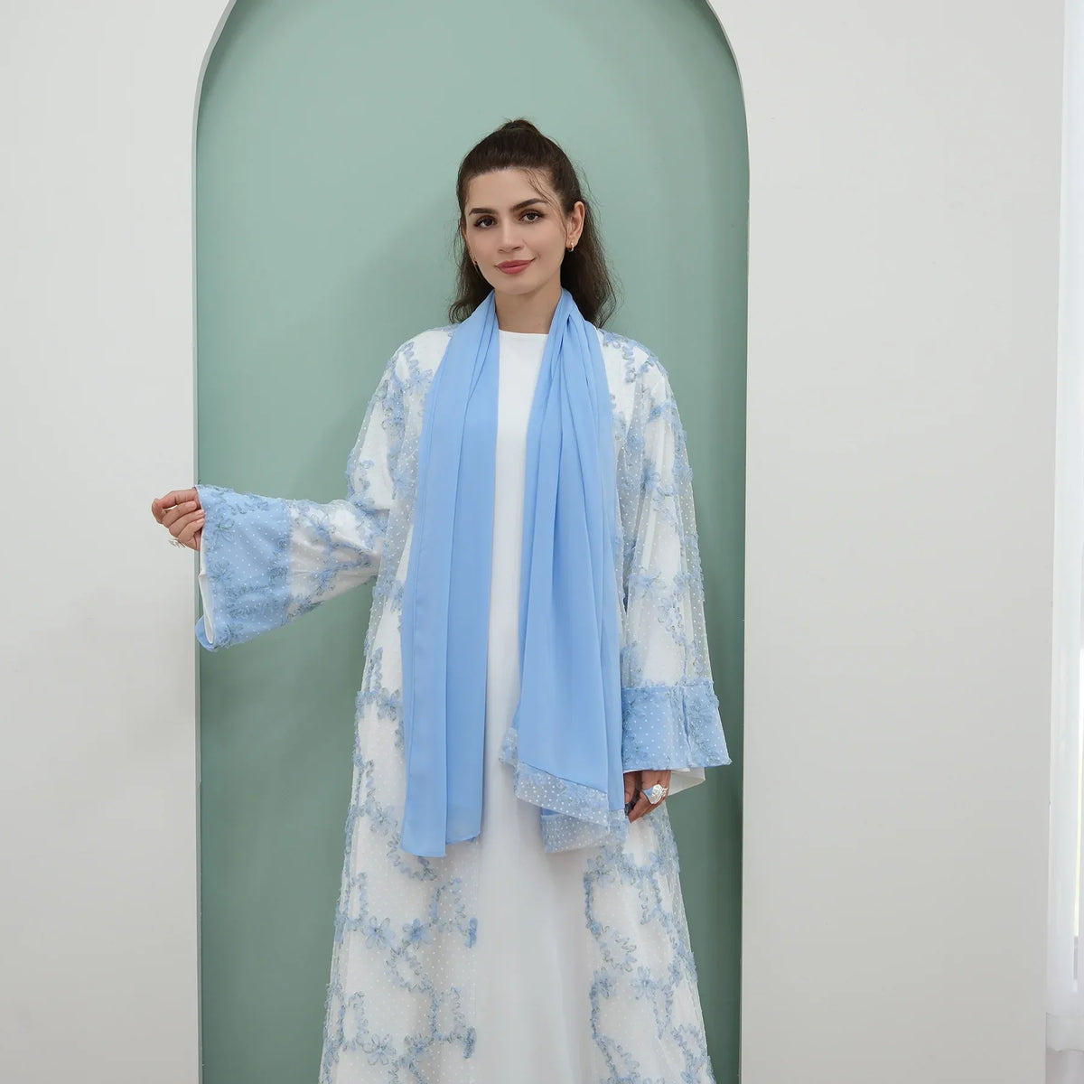 2pcs Abaya with Hijab Women Ramadan Muslim Dress Jilbab Kebaya Islam Kaftan Robe 3D Floral Mesh Abayas 2026 Eid Mubarak Dresses