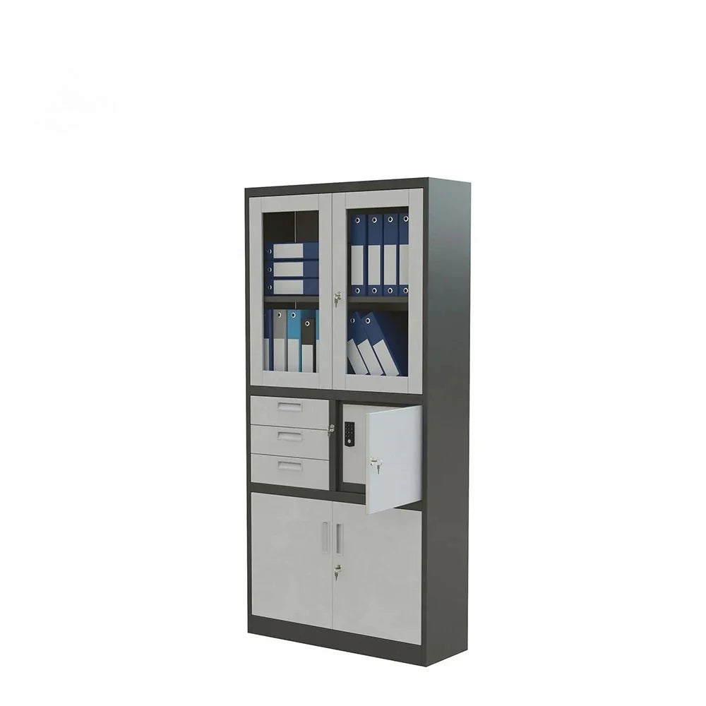 Modern office cabinet; all-steel filing cabinet with double glass doors; ideal for document storage in a home office