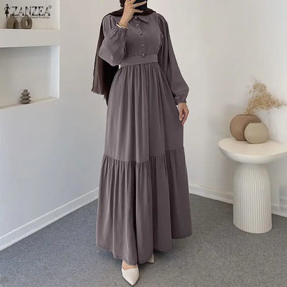 2026 ZANZEA Muslim Hijab Dresses Abaya Women Elegant Long Sleeve Pleated Sundress Solid Belted Party Robe Kaftan Dubai Vestidos