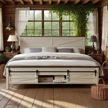 Farmhouse King Size Bed Frame with Headboard, Sliding Barn Door Storage Cabinets, Sturdy Wood Slats Support, No Box, Customized