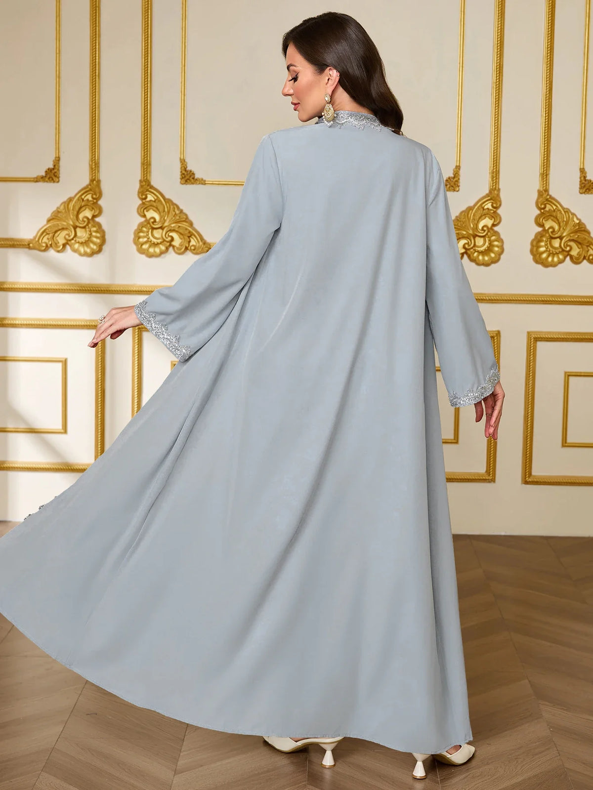 French-Style Luxury Grey-Blue Lace Embroidered Dress Set Middle Eastern Open-Front Abaya Dress for Wedding / Party / Daily Wear