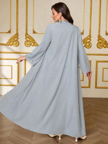 French-Style Luxury Grey-Blue Lace Embroidered Dress Set Middle Eastern Open-Front Abaya Dress for Wedding / Party / Daily Wear