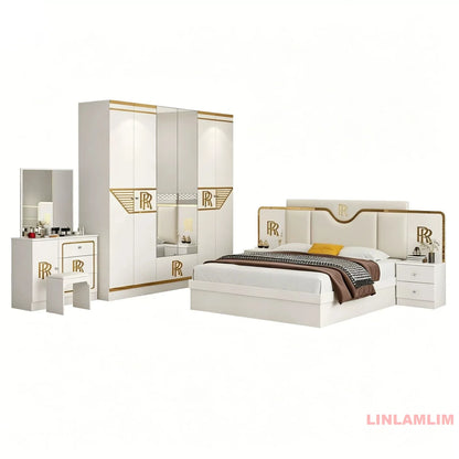 6-Piece Luxury White & Gold Bedroom Set with Latex Mattress, Bed, Wardrobe, Nightstands and Vanity Table, Bedroom Collection