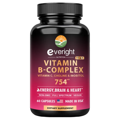Vitamin B Complex for Energy, Brain & Heart Support - with B1, B2, B3, B5, B6, B7, B8, B9, B12 with Vitamin C, Choline, Inositol