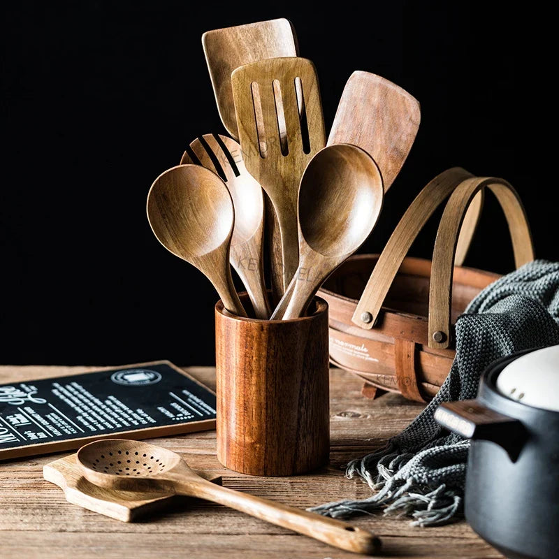 9PCS Wooden Spoons For Cooking, Wooden Utensils For Cooking With Utensils Holder, Teak Wooden Kitchen Utensils Set