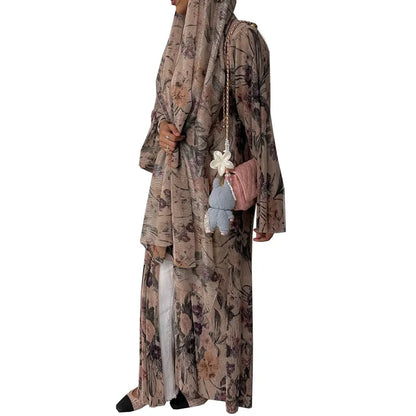 Women's Pleated Floral Print Abaya with Matching Hijab - Open Front Modest Dress for Daily & Religious Occasions