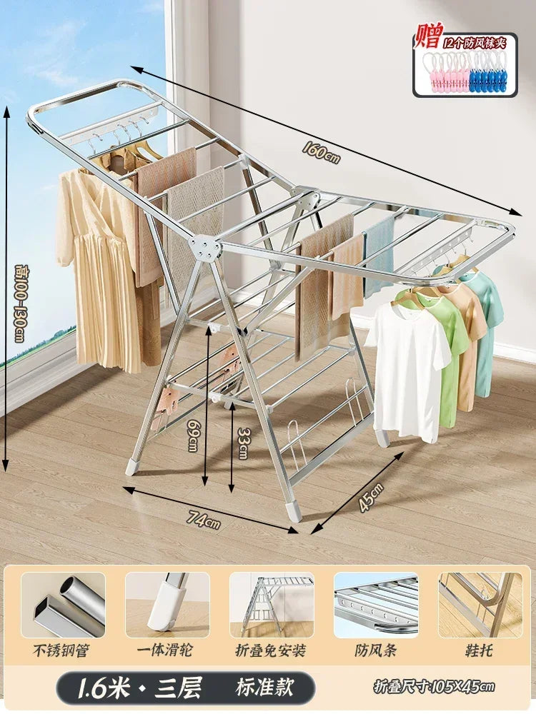 Stainless Steel Folding Drying Rack Balcony Floor Multi-functional Drying Rack Outdoor Wing Folding Clothesline
