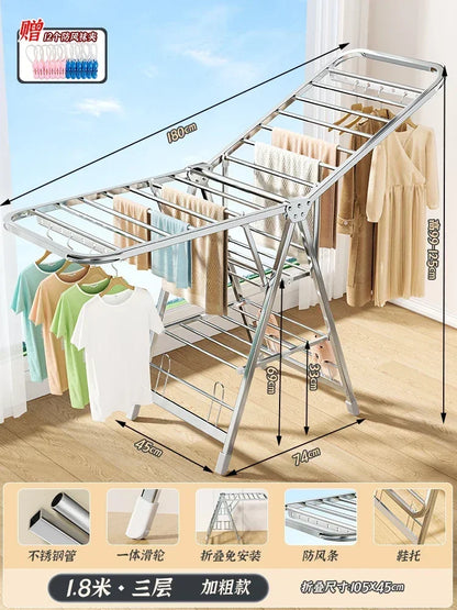 Stainless Steel Folding Drying Rack Balcony Floor Multi-functional Drying Rack Outdoor Wing Folding Clothesline