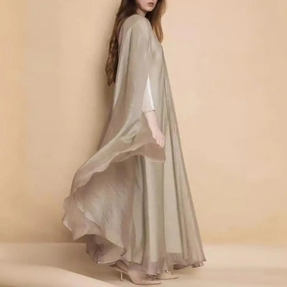 39BB Women's Islamic Devotional Clothing Full Length Dress with Long Sleeve Cardigan Muslims Metallic Dresses Evening Gown