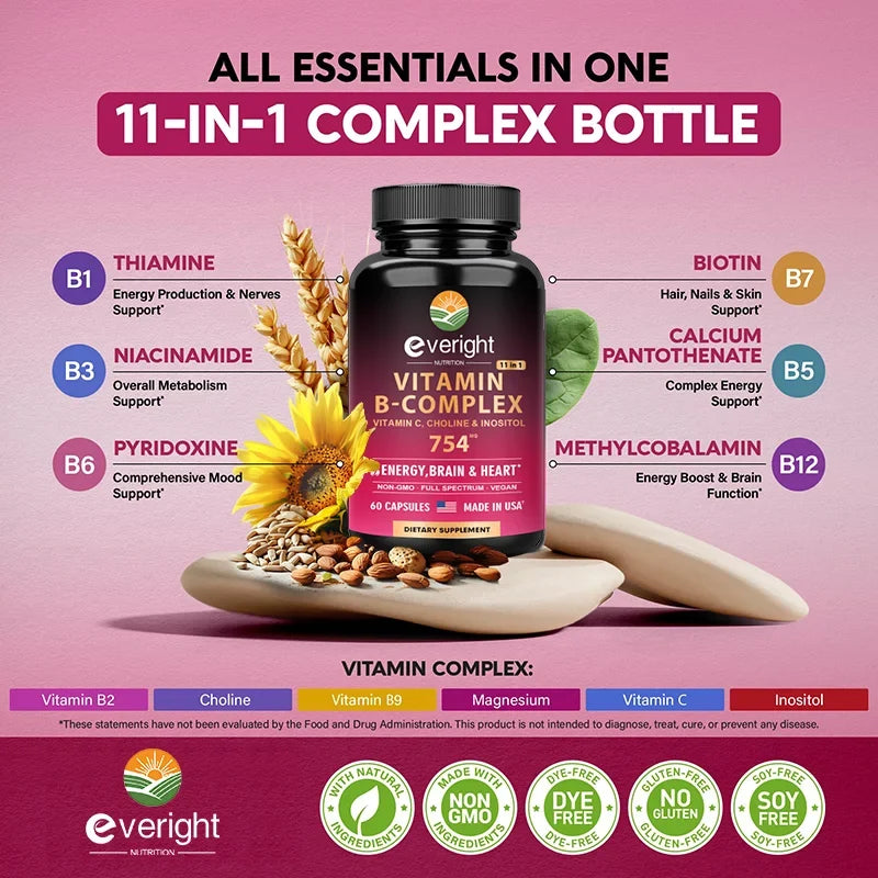 Vitamin B Complex for Energy, Brain & Heart Support - with B1, B2, B3, B5, B6, B7, B8, B9, B12 with Vitamin C, Choline, Inositol