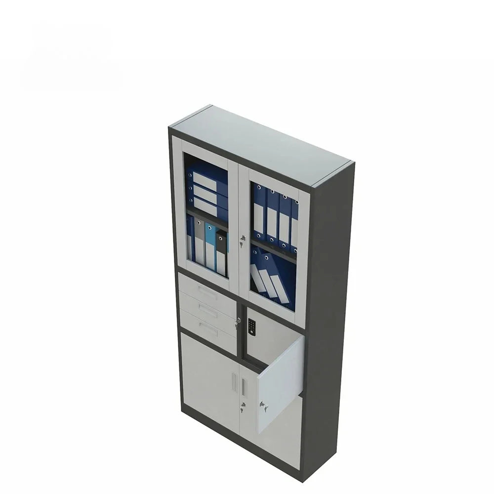 Modern office cabinet; all-steel filing cabinet with double glass doors; ideal for document storage in a home office