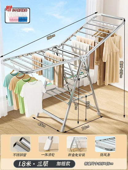Stainless Steel Folding Drying Rack Balcony Floor Multi-functional Drying Rack Outdoor Wing Folding Clothesline