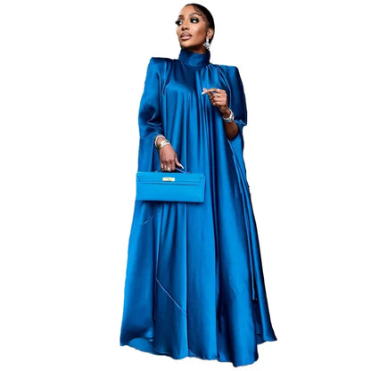 Fashion Luxury Dubai Indian Dress Muslim Abaya for Women Elegant High Neck Loose Pullover Solid Satin Party Evening Dresses Robe