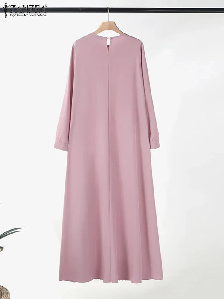 2025 ZANZEA Muslim Abaya Hijab Dress Women Elegant Long Sleeve Pleated Sundress Dubai Maxi Robe Fashion Casual IsIamic Clothing