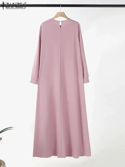 2025 ZANZEA Muslim Abaya Hijab Dress Women Elegant Long Sleeve Pleated Sundress Dubai Maxi Robe Fashion Casual IsIamic Clothing