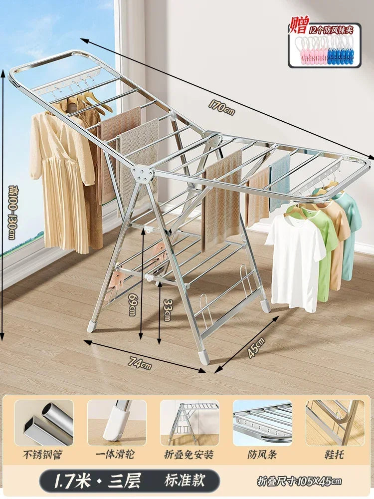 Stainless Steel Folding Drying Rack Balcony Floor Multi-functional Drying Rack Outdoor Wing Folding Clothesline