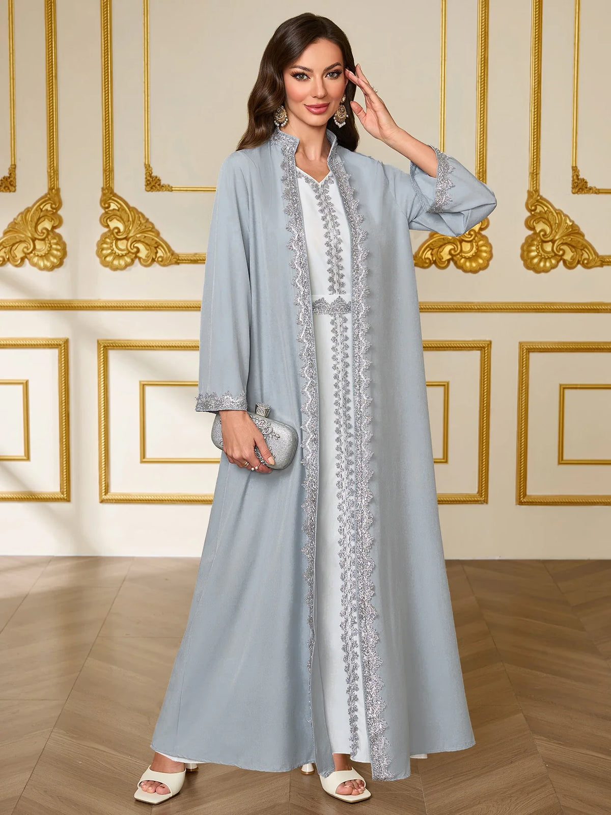 French-Style Luxury Grey-Blue Lace Embroidered Dress Set Middle Eastern Open-Front Abaya Dress for Wedding / Party / Daily Wear
