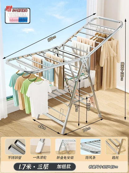 Stainless Steel Folding Drying Rack Balcony Floor Multi-functional Drying Rack Outdoor Wing Folding Clothesline