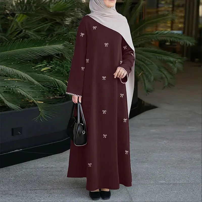 Hijabi Modest Bow Printing Maxi Dress Islamic Women's O-Neck Lace Trim Long Sleeve Loose Abaya ZANZEA Muslim Ramadan Robes Femme