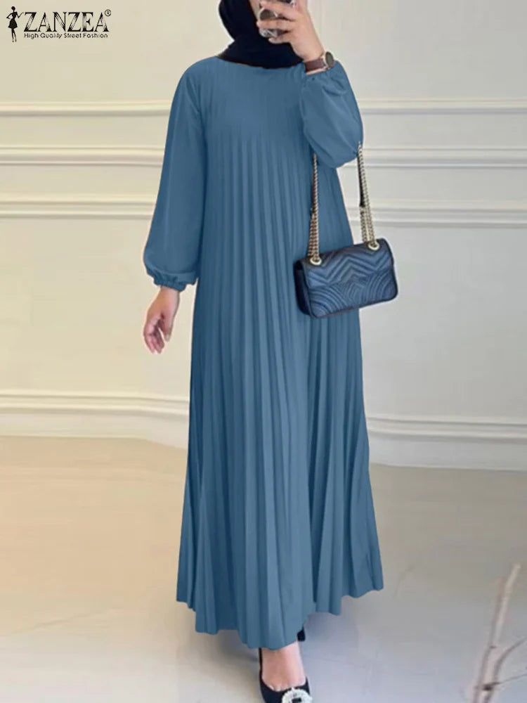 ZANZEA Modest Fashion Abaya Robes Woman Muslim Hijabis O-Neck Solid Pleated Eid Long Dresses Loose A-line Vestidos Fall 2025