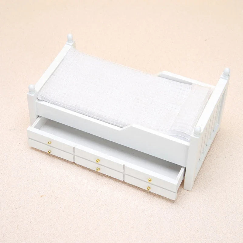 🛒1:12 Dollhouse Miniature Bed White European Single Bed with Drawer Bedroom Furniture Model Decor Toy Doll House Accessories