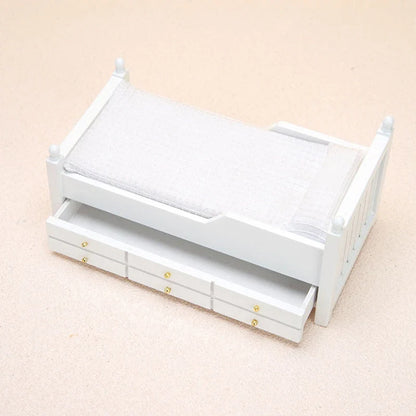 🛒1:12 Dollhouse Miniature Bed White European Single Bed with Drawer Bedroom Furniture Model Decor Toy Doll House Accessories