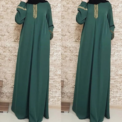 Muslim Abaya Ethnic Style Print Islam Abaya Dress Solid Color Loose Casual Robe Femme Musulman for Middle East Arabia