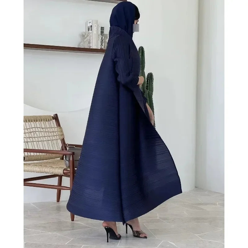 Muslim Abaya Black Simple Commuter Fashion Pleated Loose Long Trench Coat Jacket 2024 Fall New