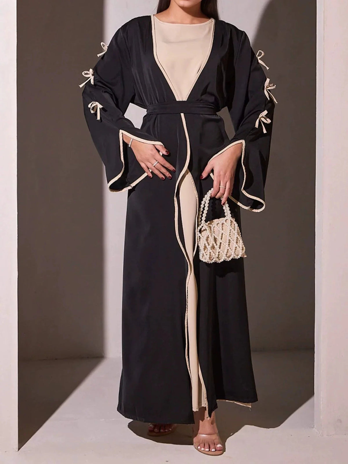 Ladies' Arab Long Gown with Bow Knot Soft Comfortable Casual Solid Color Outer Dress with Belt