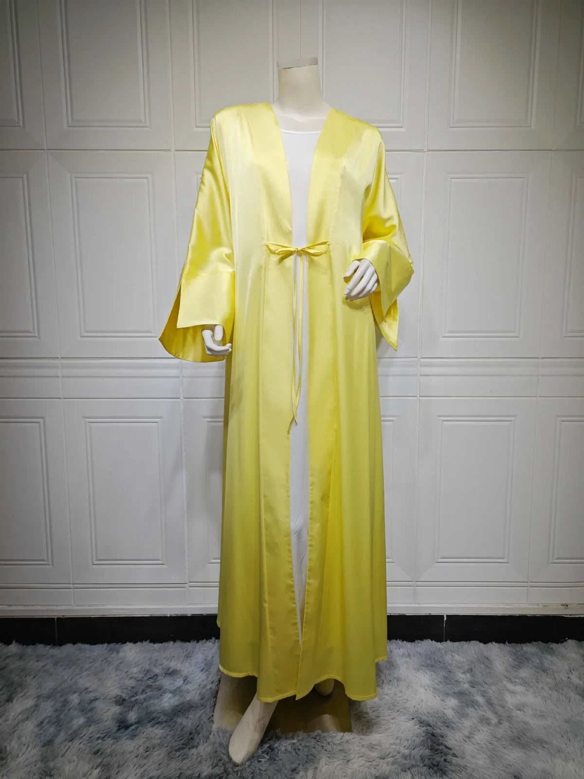 Middle Eastern Muslim Robe Fashion Satin Soft Dress Open Front Outerwear Abaya Solid Color