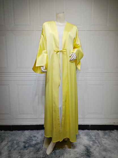 Middle Eastern Muslim Robe Fashion Satin Soft Dress Open Front Outerwear Abaya Solid Color
