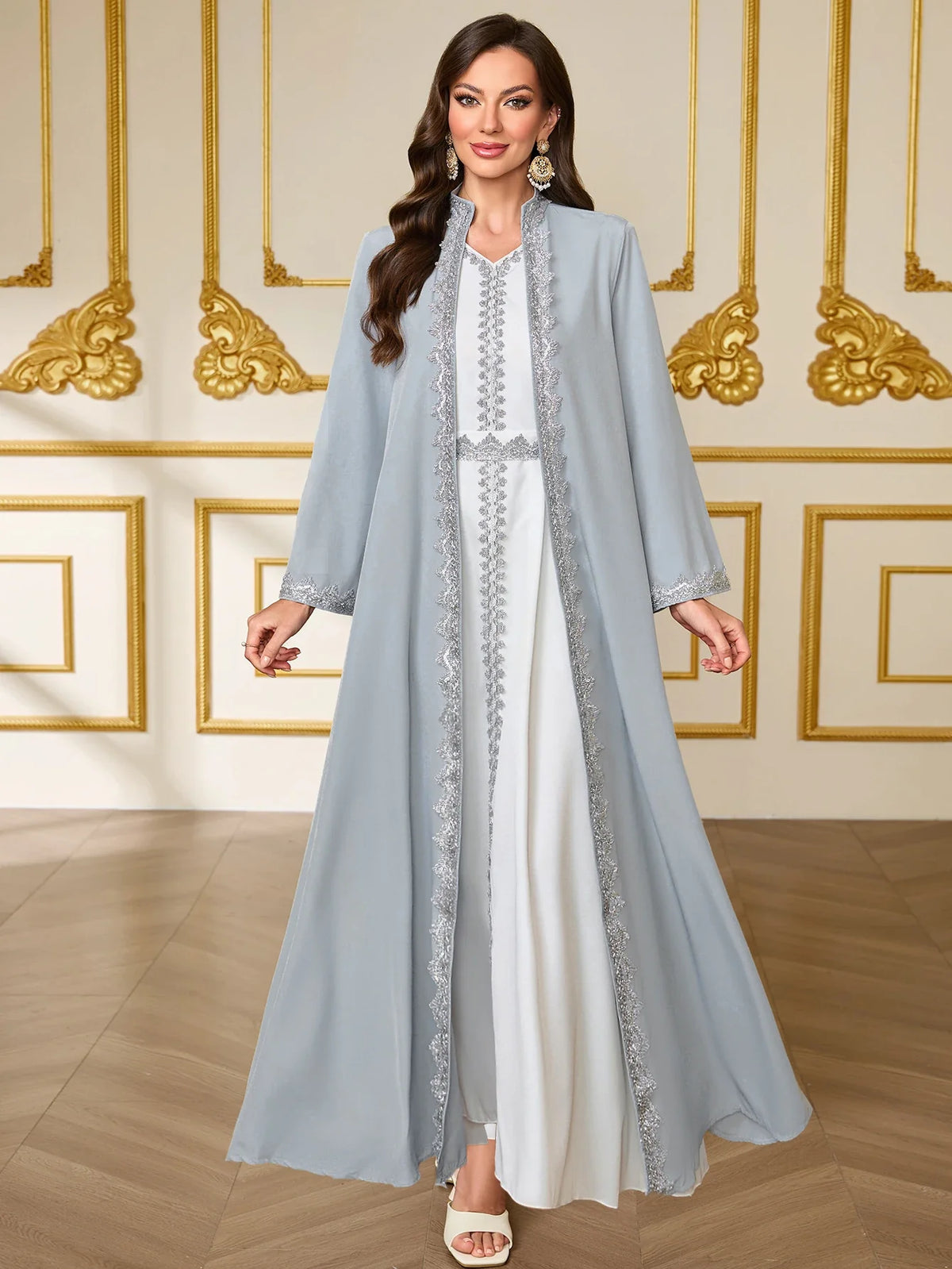 French-Style Luxury Grey-Blue Lace Embroidered Dress Set Middle Eastern Open-Front Abaya Dress for Wedding / Party / Daily Wear
