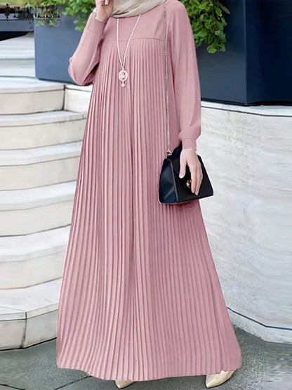 2025 ZANZEA Muslim Abaya Hijab Dress Women Elegant Long Sleeve Pleated Sundress Dubai Maxi Robe Fashion Casual IsIamic Clothing