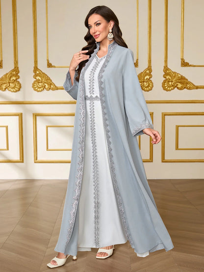 French-Style Luxury Grey-Blue Lace Embroidered Dress Set Middle Eastern Open-Front Abaya Dress for Wedding / Party / Daily Wear