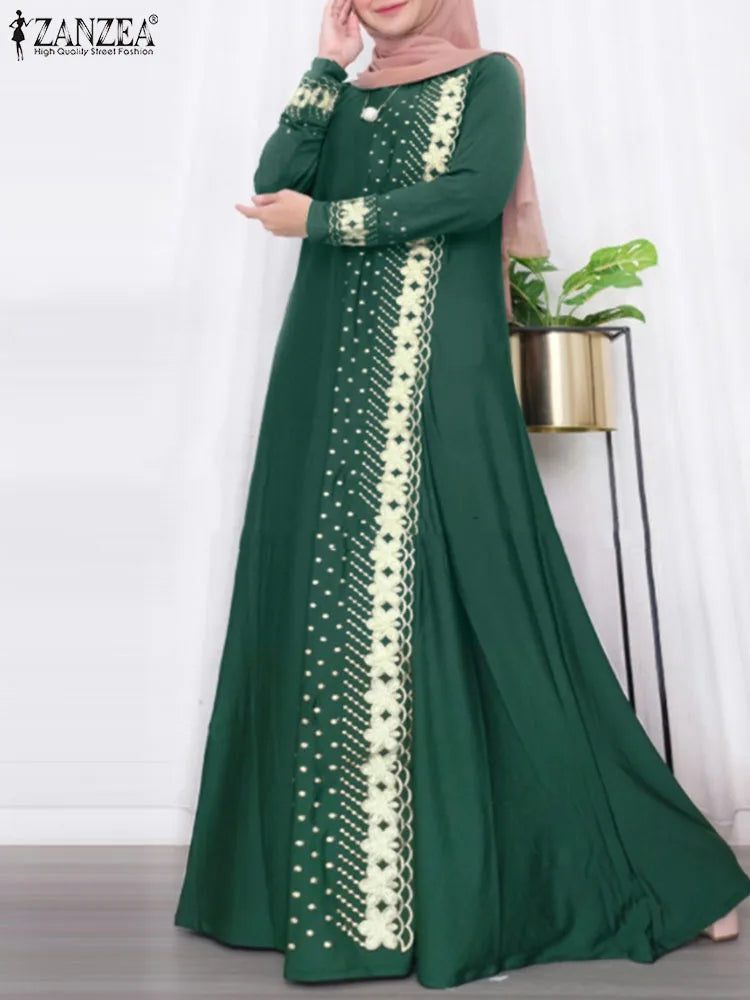ZANZEA Muslim Fashion Dresses Abaya Women Elegant Long Sleeve Floral Printed Maxi Sundress Vestidos Kaftan IsIamic Robe Ramadan