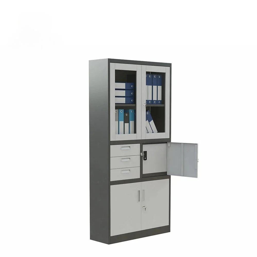 Modern office cabinet; all-steel filing cabinet with double glass doors; ideal for document storage in a home office