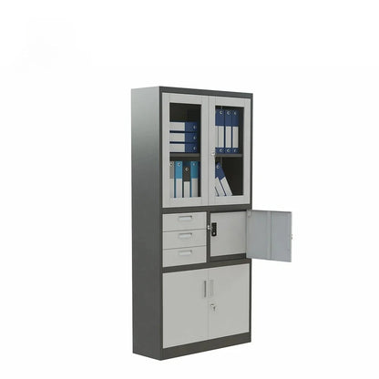 Modern office cabinet; all-steel filing cabinet with double glass doors; ideal for document storage in a home office