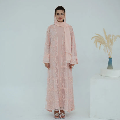 2pcs Abaya with Hijab Women Ramadan Muslim Dress Jilbab Kebaya Islam Kaftan Robe 3D Floral Mesh Abayas 2026 Eid Mubarak Dresses