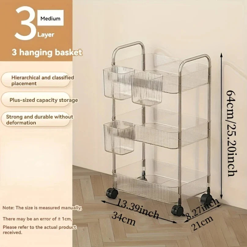 3Tier Clear Storage Cart with Wheels Multifunctional Rolling Organizer for Home and Office, Ideal for Bedroom Living Room