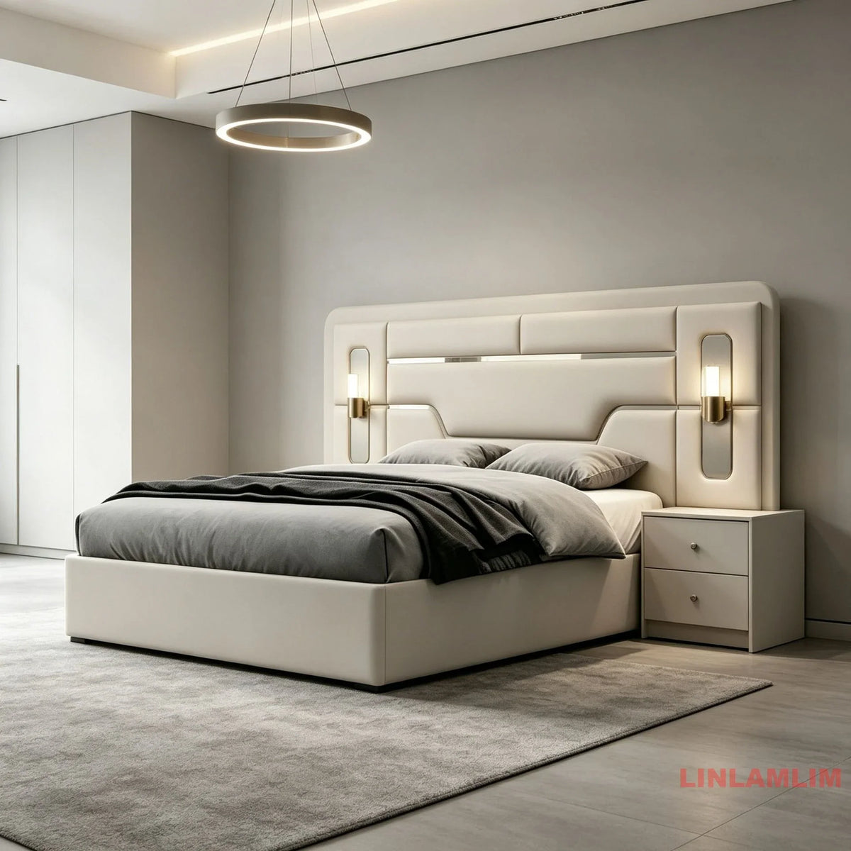 MINBDIBAO Turkish style Bedroom Set – King Bed with Upholstered Headboard, Nightstands, Wardrobe with Mirrored Doors, Dresser