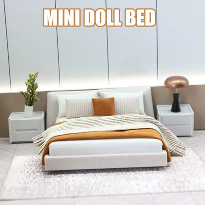 Bedroom Miniature Double Bed And Beddings New Cream Style Miniature Furniture Decoration