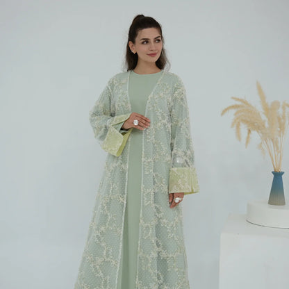 2pcs Abaya with Hijab Women Ramadan Muslim Dress Jilbab Kebaya Islam Kaftan Robe 3D Floral Mesh Abayas 2026 Eid Mubarak Dresses