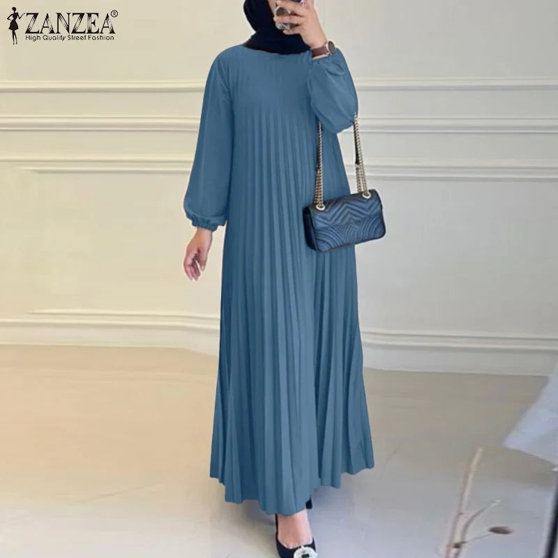 Ramadan Muslim Dress Abaya ZANZEA Casual Kaftan Women Long Sleeve Pleated Sundress Hijab Robe Femme IsIamic Clothing Eid Mubarek