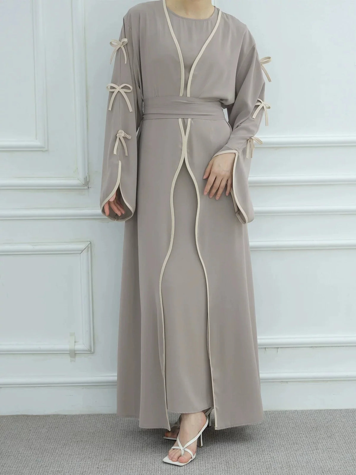 Ladies' Arab Long Gown with Bow Knot Soft Comfortable Casual Solid Color Outer Dress with Belt