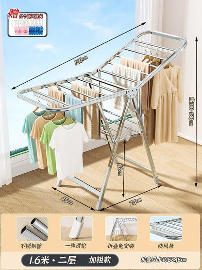 Stainless Steel Folding Drying Rack Balcony Floor Multi-functional Drying Rack Outdoor Wing Folding Clothesline