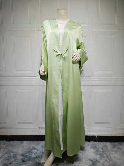 Middle Eastern Muslim Robe Fashion Satin Soft Dress Open Front Outerwear Abaya Solid Color