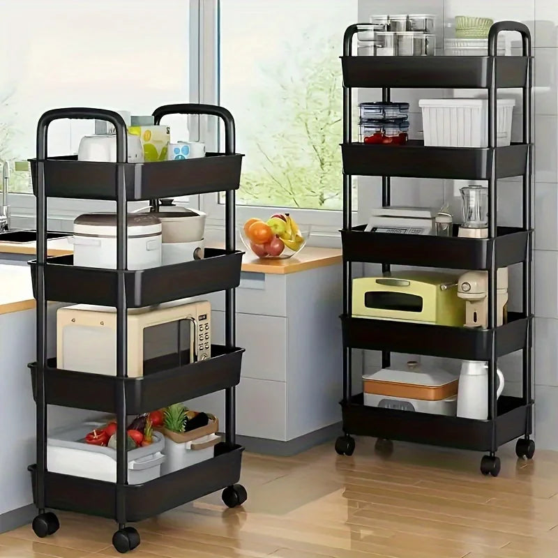 4-Tier Plastic Rolling Storage Cart - Portable Shelf Trolley with Wheels for Home Organization