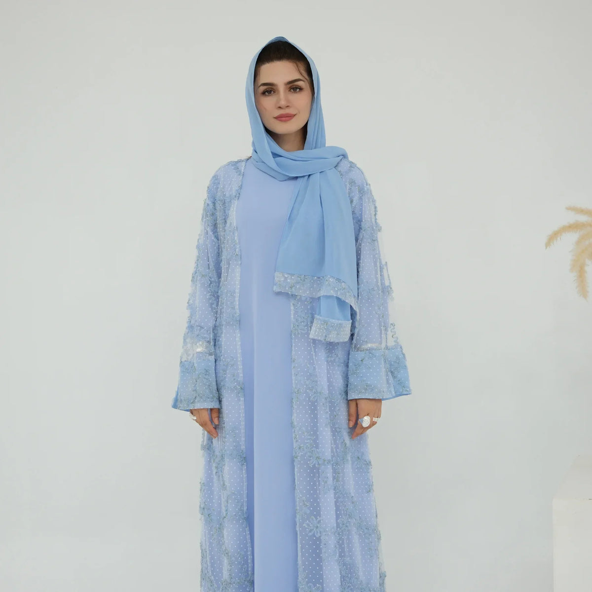 2pcs Abaya with Hijab Women Ramadan Muslim Dress Jilbab Kebaya Islam Kaftan Robe 3D Floral Mesh Abayas 2026 Eid Mubarak Dresses