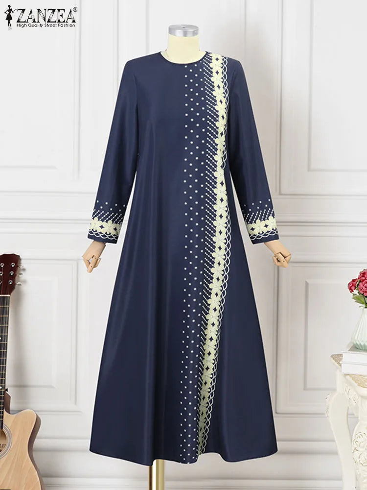 ZANZEA Muslim Fashion Dresses Abaya Women Elegant Long Sleeve Floral Printed Maxi Sundress Vestidos Kaftan IsIamic Robe Ramadan