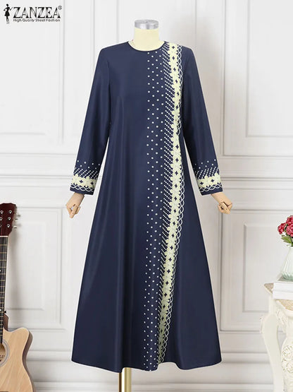 ZANZEA Muslim Fashion Dresses Abaya Women Elegant Long Sleeve Floral Printed Maxi Sundress Vestidos Kaftan IsIamic Robe Ramadan